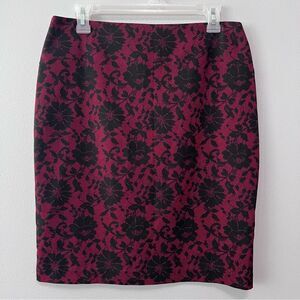 Express Black and Burgundy/Red Floral Pencil Skirt Size 9/10